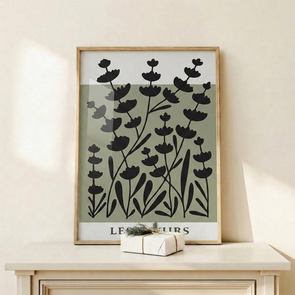 Modern botanical print displaying stylized flowers and foliage in sage green against neutral background, tranquil minimalist composition.