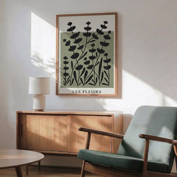 Serene minimalist poster with stylized flowers and organic stems in sage and black, wabi sabi inspired botanical wall decor.