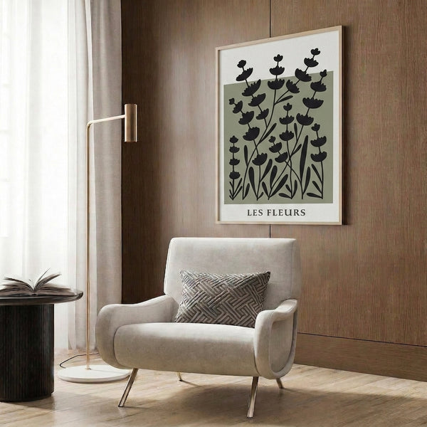 Modern botanical wall art featuring delicate plant forms in soft sage green, minimalist japandi composition on off-white ground.