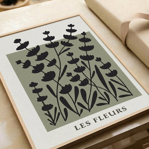 Japandi-style botanical poster displaying simplified flora in muted sage green and black, serene minimalist home wall art.