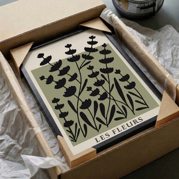 Minimalist botanical framed art with peaceful plant silhouettes in soft sage and black, contemporary wabi sabi nature inspired design.