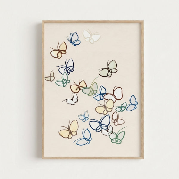 Framed botanical line drawing with graceful butterflies and blooms in muted tones of navy, sage, and pale yellow, creating a calm and airy aesthetic.