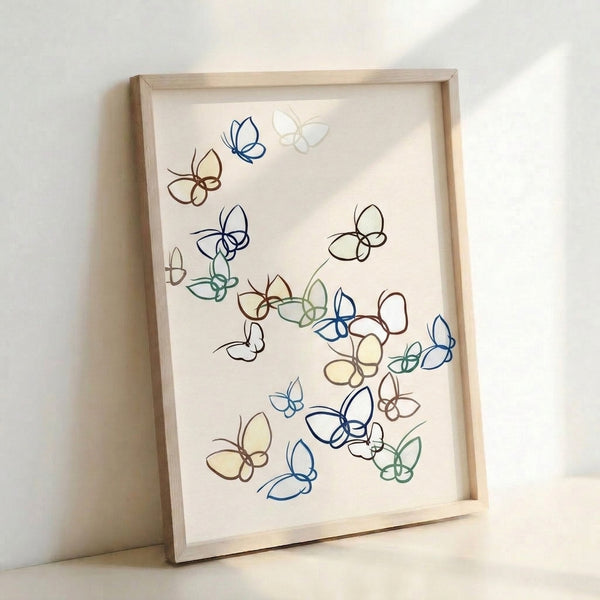 Contemporary line art print showing elegant butterfly and flower motifs in navy blue and warm brown on cream, embodying minimalist wabi sabi style.