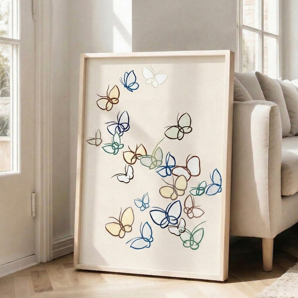 Serene botanical wall art with hand-drawn butterflies and flowers in sage green and navy blue line work on a soft cream ground.