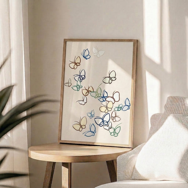 Modern minimalist poster of flowing butterfly and floral line drawings in navy, sage green, and warm brown tones, evoking tranquility and grace.