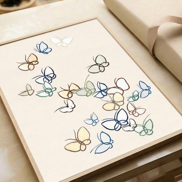 Contemporary botanical line drawing featuring graceful butterflies and flowers in navy blue and warm brown strokes on cream, perfect for calm decor.