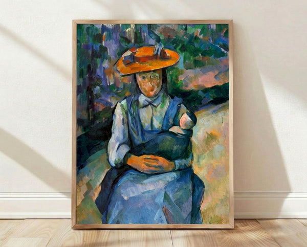 Framed watercolor portrait of a young girl tenderly holding a doll, rendered in soft muted tones with loose brushwork characteristic of Cezanne's modern impressionist style.