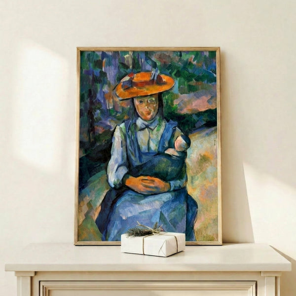 Cezanne-inspired watercolor portrait of a young girl embracing a doll, displayed as framed wall art with soft color harmonies and expressive brushstrokes.