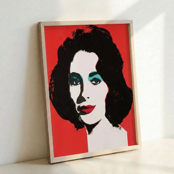 Framed poster showcasing a luminous portrait in electric blues, pinks, and yellows with the graphic intensity of iconic pop art.