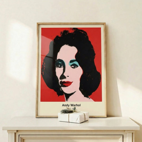 Framed pop art poster with a contemplative female face rendered in vibrant magenta, cyan, and yellow against neutral black and white elements.
