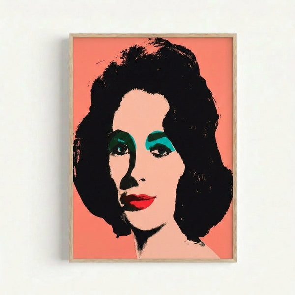 Framed modern pop art print depicting a stylized Elizabeth Taylor portrait with layered neon colors and high-contrast graphic elements characteristic of 1960s pop art movement.