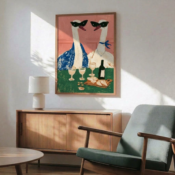 Modern art print on wall showing sophisticated llamas in sunglasses enjoying wine and charcuterie in vibrant pop art style with forest green and burgundy accents.