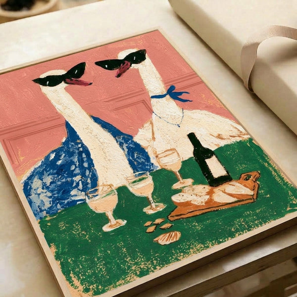 Funky framed poster art with llamas sporting sunglasses at a social wine gathering, rendered in contemporary pop art with bold coral pink and navy blue palette.