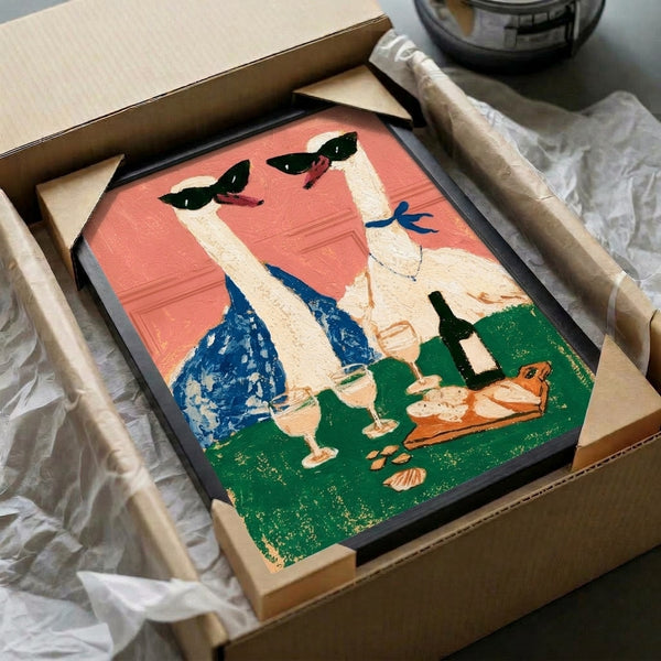 Trendy wall art print depicting playful llamas in sunglasses surrounded by wine, cheese, and bread in modern pop art style with cream, forest green, and burgundy colors.