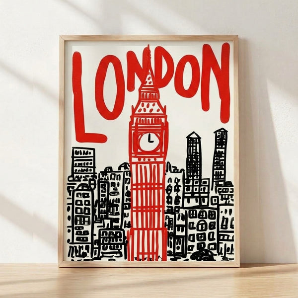 Retro London skyline poster featuring Big Ben and historic architecture in bold red, black, and cream tones, evoking vintage travel nostalgia.