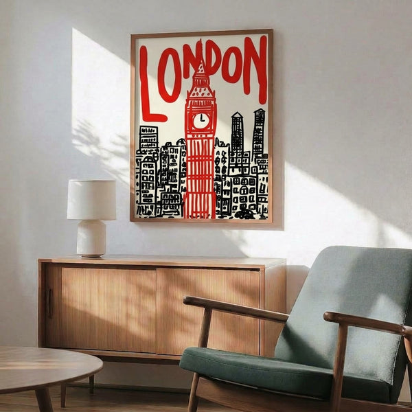 Vintage-style framed art print of London's iconic clock tower and cityscape rendered in rich reds and blacks against cream, capturing nostalgic 1920s design aesthetic.