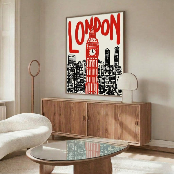 Bold retro-inspired London cityscape poster showcasing Big Ben and surrounding buildings in energetic red and black hues on a warm cream background.