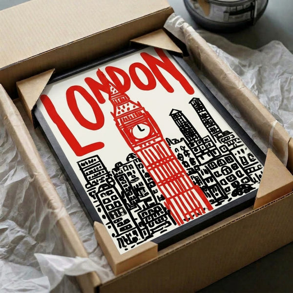 Framed vintage London travel poster featuring the Big Ben clock tower and architectural skyline in striking red, black, and cream color scheme with classic retro styling.