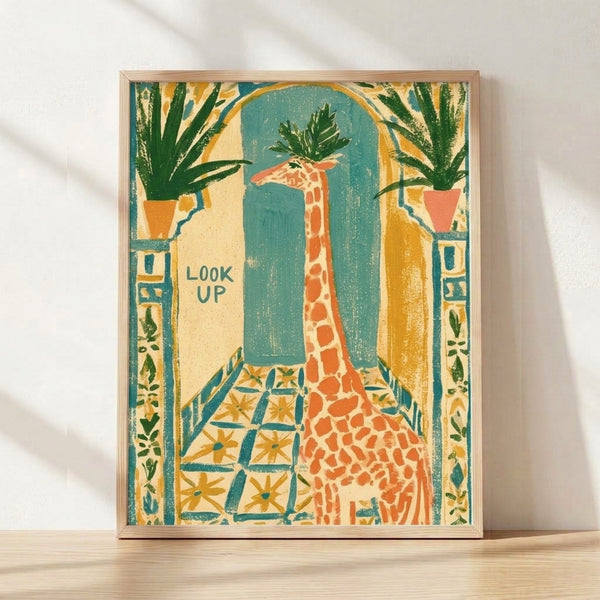 Whimsical retro art deco giraffe poster featuring a tall giraffe looking up through a geometric archway surrounded by potted plants in teal, coral, golden yellow, and green tones.
