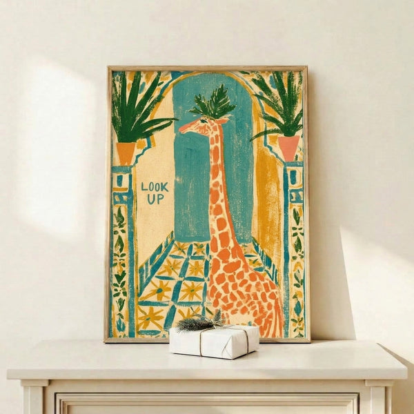 Mid-century modern framed wall art depicting a cheerful giraffe in an interior courtyard with lush potted plants and an arched doorway in warm retro colors.
