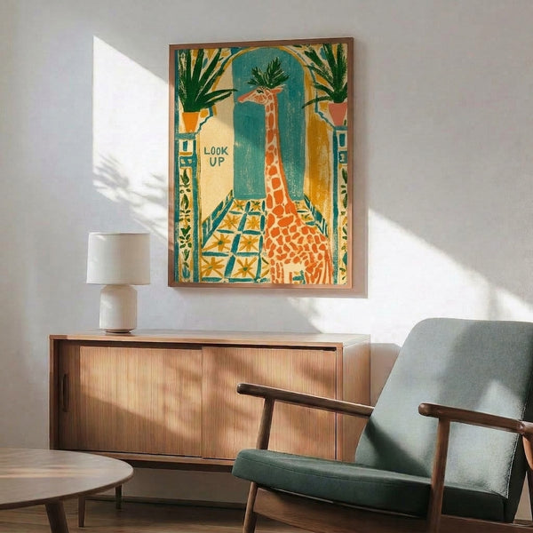 Encouraging vintage-style giraffe print with art deco geometric archway, potted foliage, and a warm palette of teal, coral orange, and cream hues on a wall.