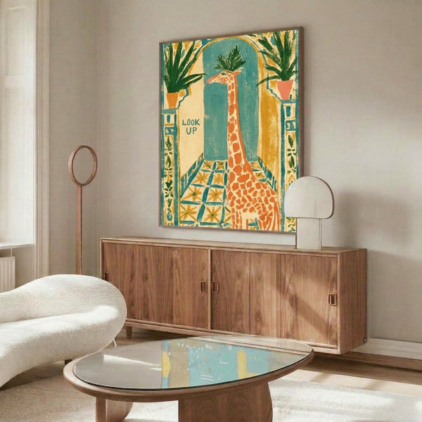 Retro giraffe artwork in art deco style showing the animal gazing upward through a decorative archway with surrounding houseplants in golden yellow, forest green, and coral tones.