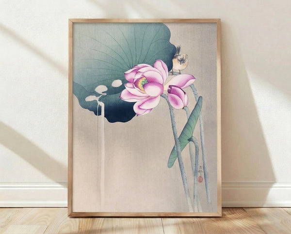 Serene watercolor framed poster depicting a pink lotus flower with a songbird perched nearby, rendered in soft teal, cream, and sage green tones in Japanese artistic style.