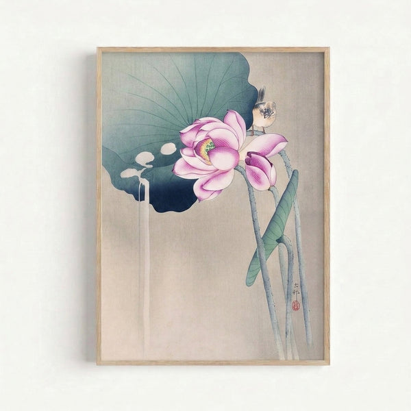 Contemplative ink wash wall art featuring a delicate lotus blossom and bird in muted pink and teal hues, evoking peaceful elegance through traditional Asian painting techniques.