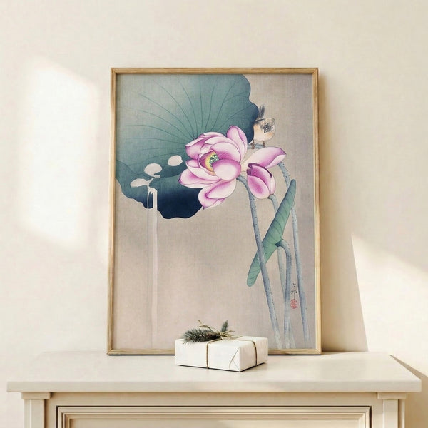 Elegant Asian art print presenting an ethereal lotus flower and bird on water, executed in gentle watercolor washes of pink, teal, and cream against a serene background.