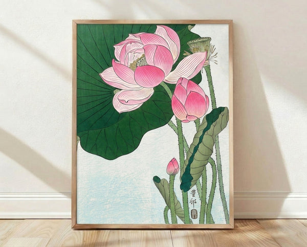 Serene pink lotus flower with green leaves rendered in Japanese woodblock style line art, featuring soft pink petals and sage green foliage on a cream background with gold accents.