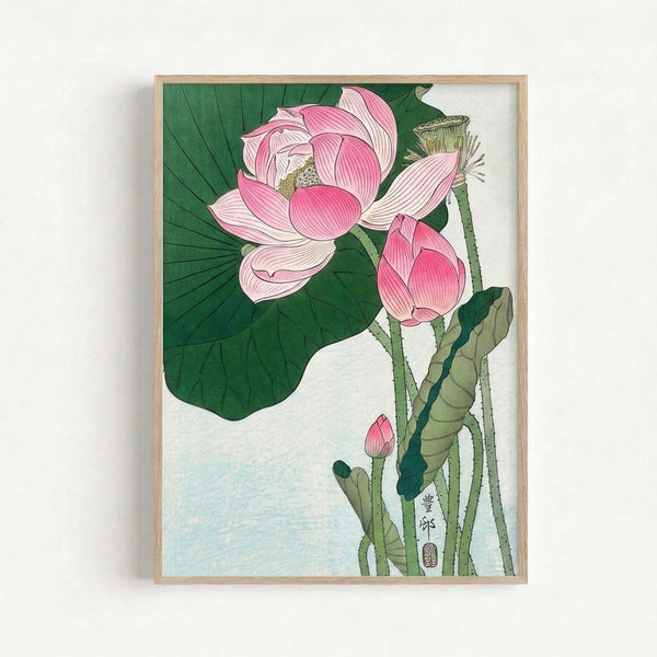 Elegant botanical study of a lotus bloom in pale pink with dark green stems and leaves, executed in traditional woodblock printing technique with contemplative minimalist line work.