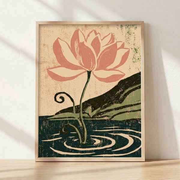 Japanese woodblock-style framed poster of lotus flowers floating on a serene pond with rippling water, rendered in coral red, teal, and dark green tones with Art Nouveau influences.
