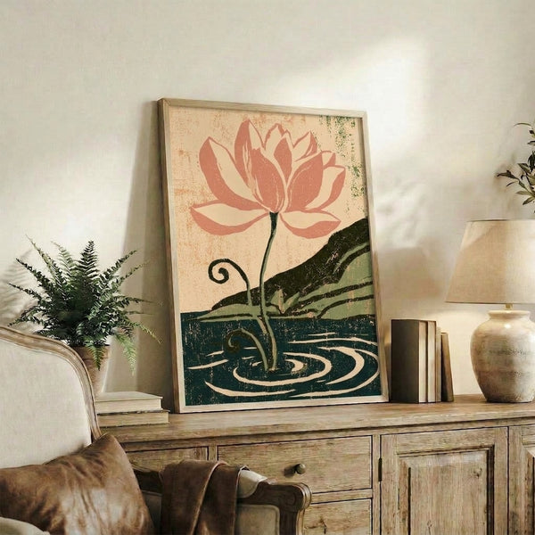 Serene framed poster showcasing a meditative lotus pond scene with rippling waters, executed in the Japanese woodblock style with a palette of coral, cream, dark green, and pale gold.