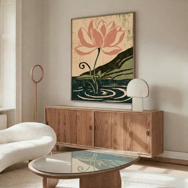 Art Nouveau–influenced wall art depicting a naturalistic lotus flower reflection in calm water, framed as a vintage Japanese woodblock print in rich teal, coral red, and muted gold tones.