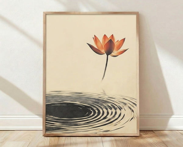 Minimalist watercolor framed poster of a solitary lotus flower floating on rippling water in warm coral and burnt orange tones against a cream background, evoking serene Japandi aesthetics.
