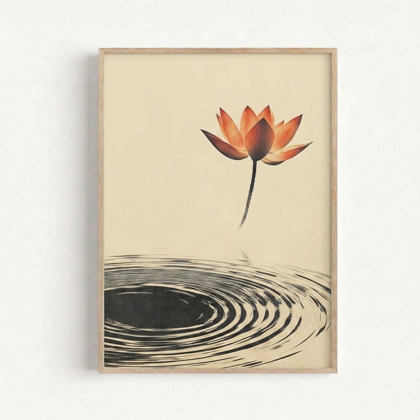 Serene Japandi wall art featuring a single lotus bloom with delicate ripples in charcoal and coral hues on a soft cream field, expressing wabi sabi simplicity and zen tranquility.