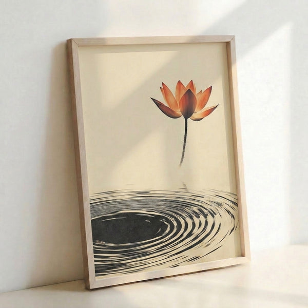 Contemplative watercolor poster of a lotus flower centered amid concentric water ripples, rendered in warm burnt orange and charcoal strokes with minimalist grace on cream.