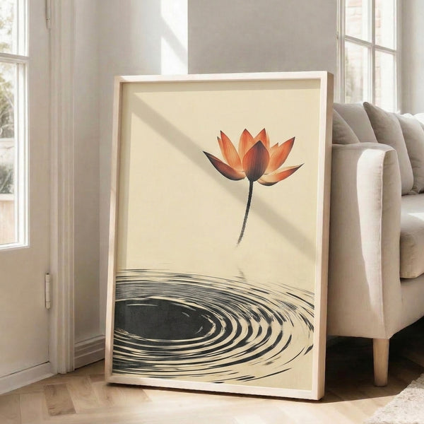 Framed botanical print showcasing a solitary lotus with radiating ripples in muted coral and black watercolor, capturing balanced, meditative Japandi design on pale background.