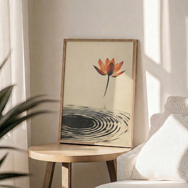Minimalist lotus water art in warm terracotta and charcoal watercolor, depicting peaceful ripples and a single bloom against cream—a zen-inspired wall poster for calm living spaces.
