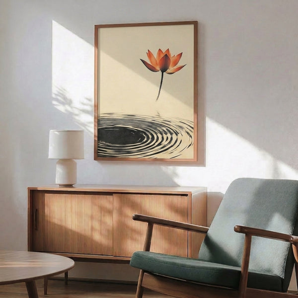 Japandi watercolor framed art of one lotus flower surrounded by gentle ripple rings in burnt orange and black, embodying serene wabi sabi beauty on a neutral cream base.