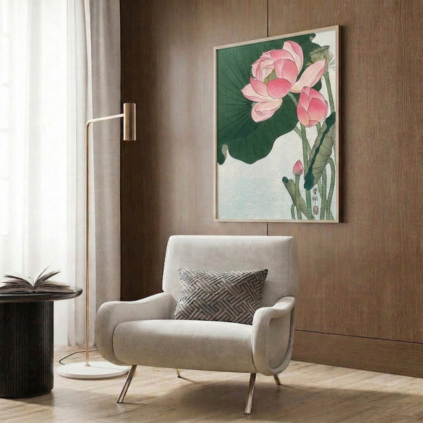 Peaceful Japanese woodblock-inspired poster art of a blooming lotus in soft dusty pink with golden accents, surrounded by lush forest green foliage in a contemplative botanical composition.