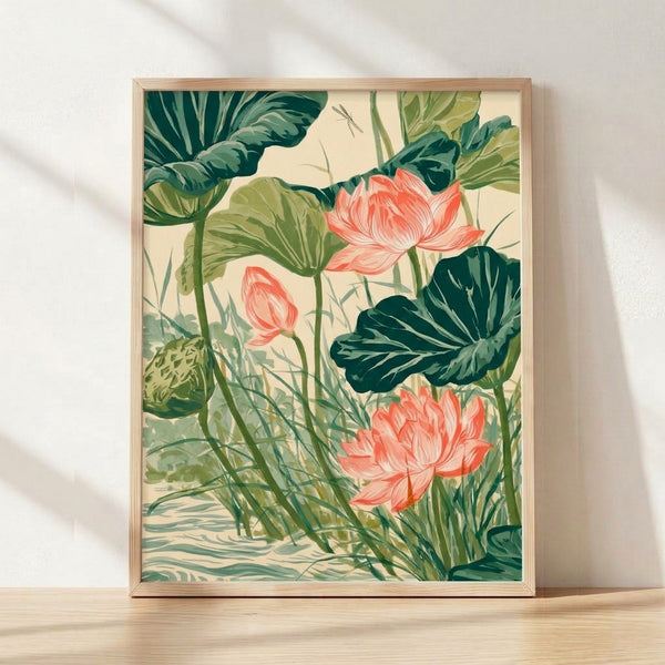 Watercolor botanical art print featuring a serene lotus pond with coral pink flowers, sage and forest green lily pads, and a delicate dragonfly hovering over the water in teal tones.