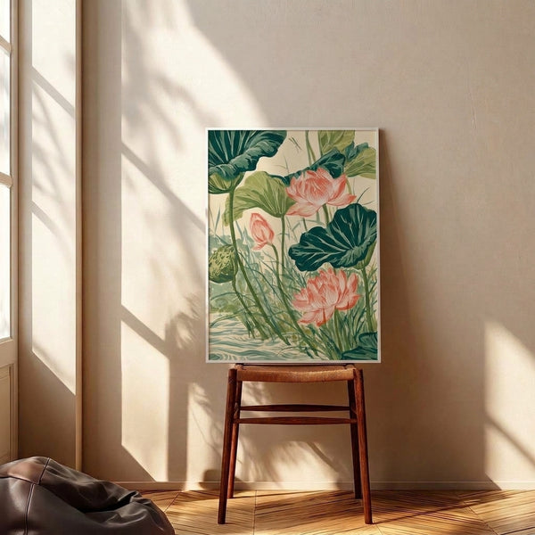 Framed watercolor poster of a peaceful lotus flower scene with cream, pink, and green hues, accented by a dragonfly in a naturalistic aquatic setting.