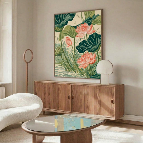 Serene watercolor painting of lotus blooms and floating leaves in coral, sage, and deep teal, with a graceful dragonfly depicted over calm water.