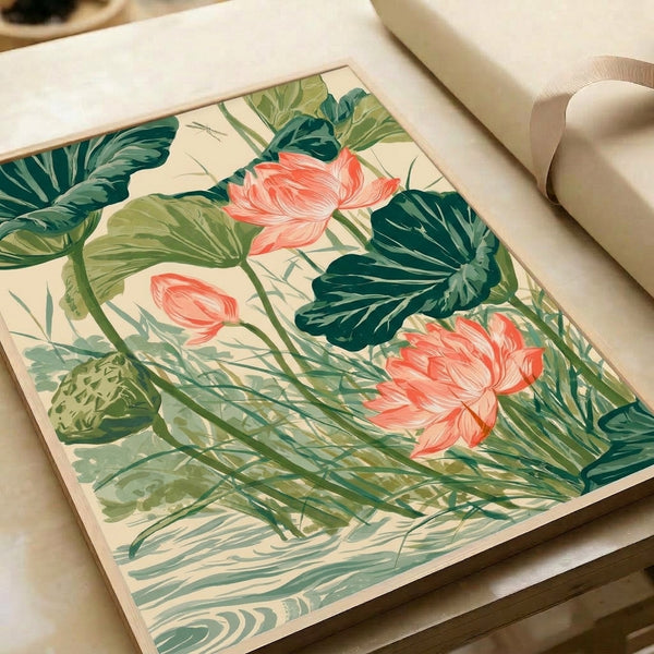 Botanical watercolor art print showcasing tranquil water lilies in pink and cream against forest green foliage, with a dragonfly element in muted teal tones.