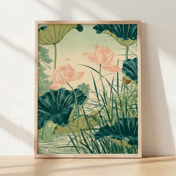 Serene vintage botanical art print featuring a pink lotus flower with dragonfly hovering over a tranquil pond, rendered in soft cream, coral, sage green, and teal tones in Japandi style.