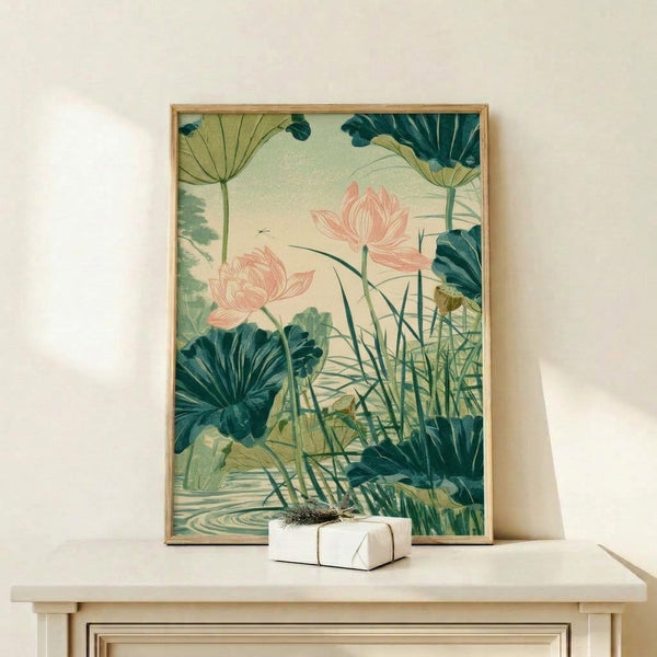Peaceful water lily artwork with delicate pink lotus bloom and perched dragonfly surrounded by aquatic foliage, framed on wall in warm ivory, sage, and teal palette with vintage aesthetic.