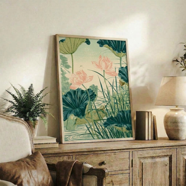 Naturalistic Japandi botanical poster displaying blooming lotus with seedpod and dragonfly in serene composition, featuring soft coral pink, sage green, and cream colored palette.