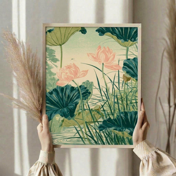 Vintage-style framed botanical art showcasing pink lotus flower and dragonfly in calm pond setting, rendered in soothing tones of cream, teal, and sage green with Japandi design sensibility.