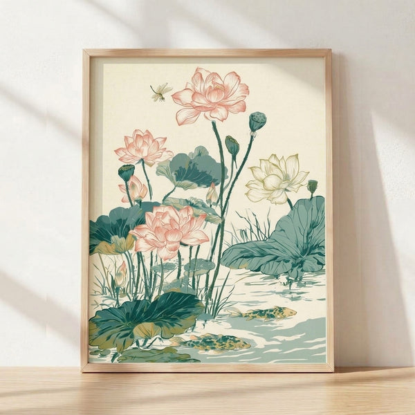 Serene vintage Japandi poster featuring lotus flowers and water lilies in blush pink and sage green, with koi fish and dragonfly swimming among cream and teal pond leaves, framed wall art with gold accents.
